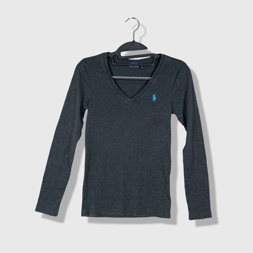 Polo Ralph Lauren V-Neck Top Womens S Gray Preppy Classic Quiet Luxury Basics